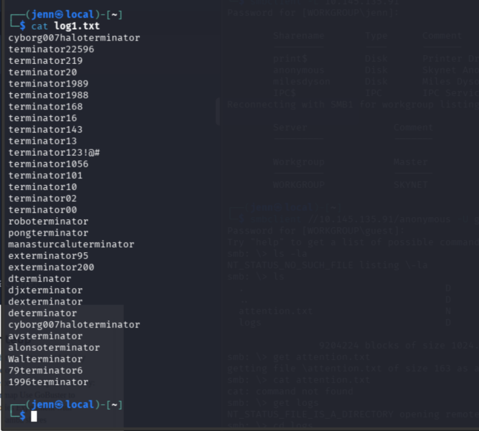 logs directory listing and log1.txt contents showing a password wordlist